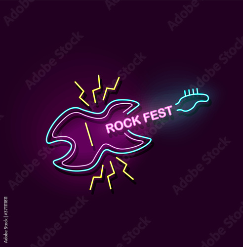 Rock fest neon sign with electric guitar icon and glowing colorful light
