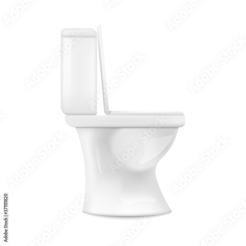 Realistic white ceramic toilet from side view isolated on white background