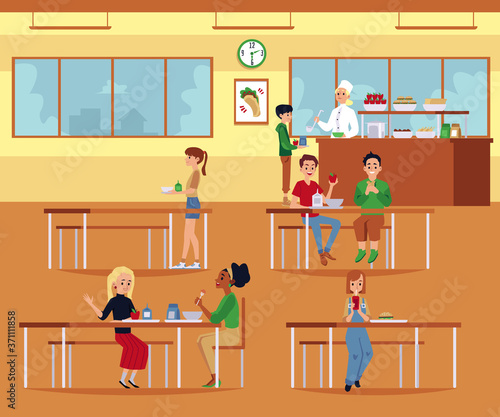 Flat school cafeteria room interior with children sitting eating lunch at tables