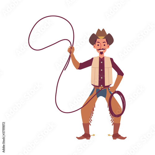 Cowboy character of american ranger with lasso flat vector illustration isolated.