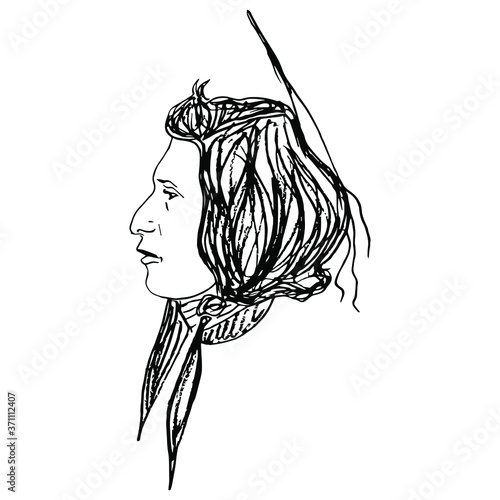 Head in profile of native American Indian man. Black and white silhouette. Ethnic male portrait. Hand drawn linear rough sketch.