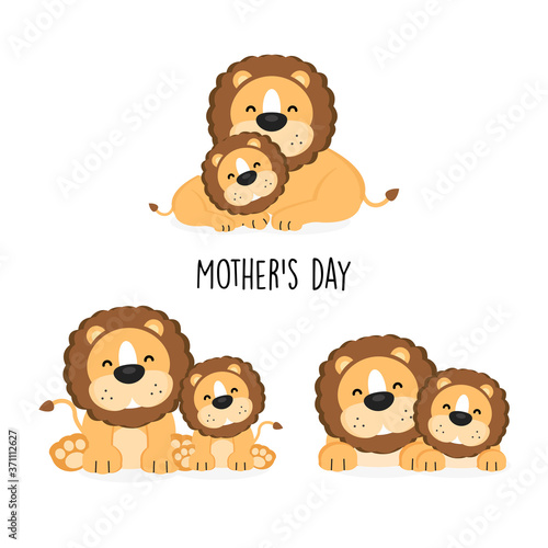 Cute lion mom and baby with different posing.