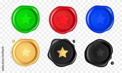 Wax seal set with stars. Green, red, blue, gold, black wax seal stamps with star isolated on white background. Realistic guaranteed stamp. Realistic 3d vector illustration