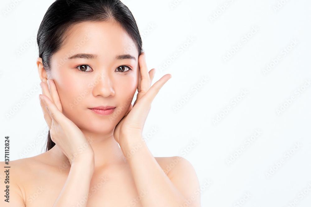 Beautiful Young asian Woman with Clean Fresh Skin, on white background, Face care, Facial treatment, Cosmetology, beauty and spa, Asian women portrait Beautiful Young asian Woman with Clean Fresh Skin, on white background, Face care, Facial treatment, Cosmetology, beauty and spa, Asian women portrait