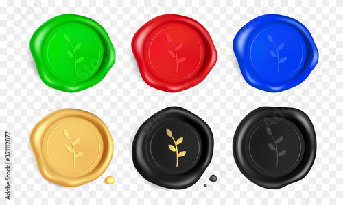 Wax seal set with branch. Green, red, blue, gold, black wax seal stamps with branch isolated on white background. Realistic guaranteed stamp. Realistic 3d vector illustration