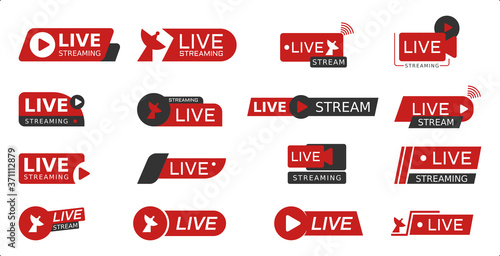 collection of live streaming icons in red for tv shows or live broadcasts

