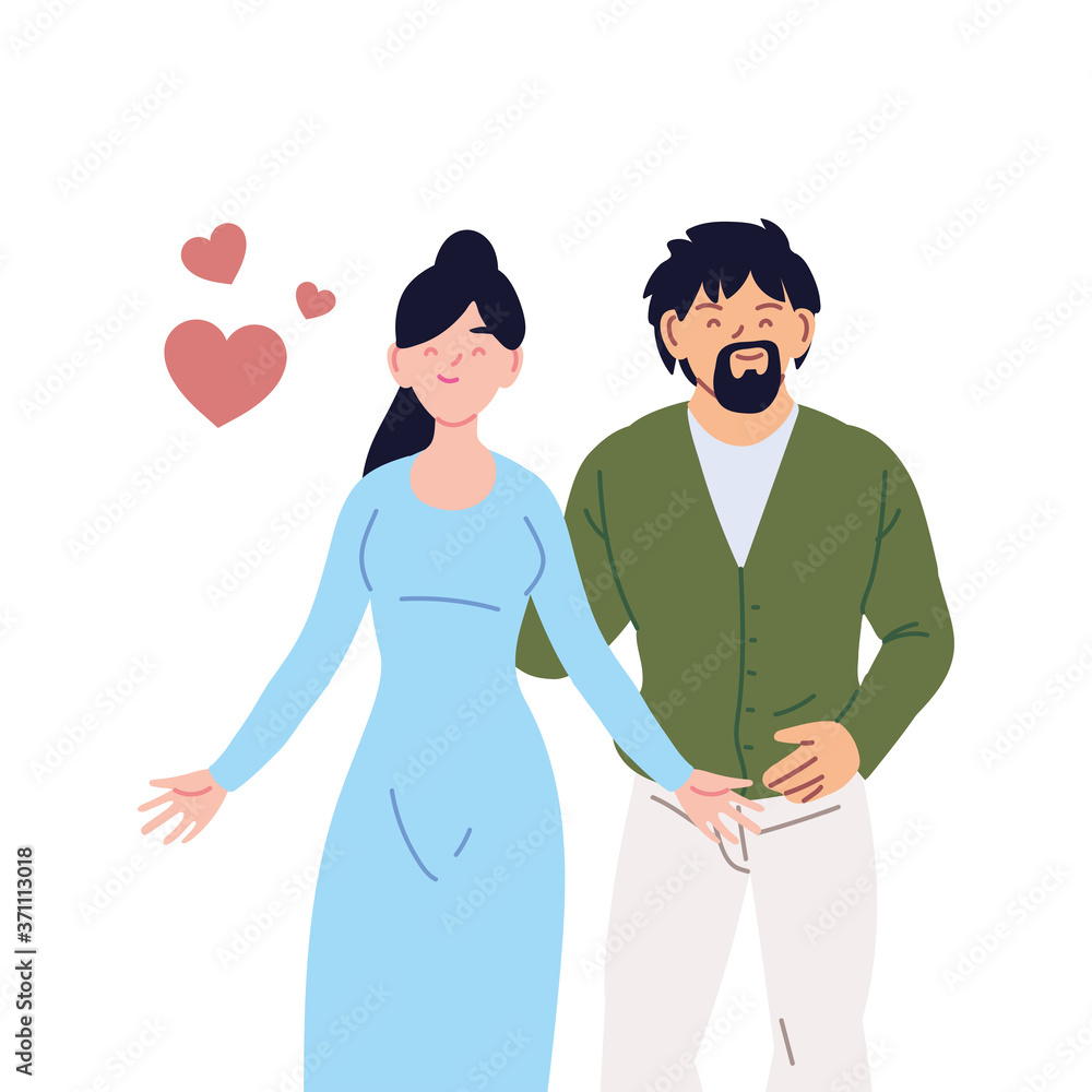 Couple of woman and man cartoons with hearts vector design Couple of woman and man cartoons with hearts vector design