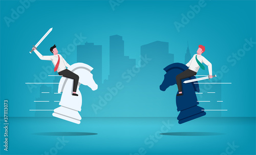 Two businessmen with sword character compete to be champion riding on chess horses symbol. Business strategy vector illustration