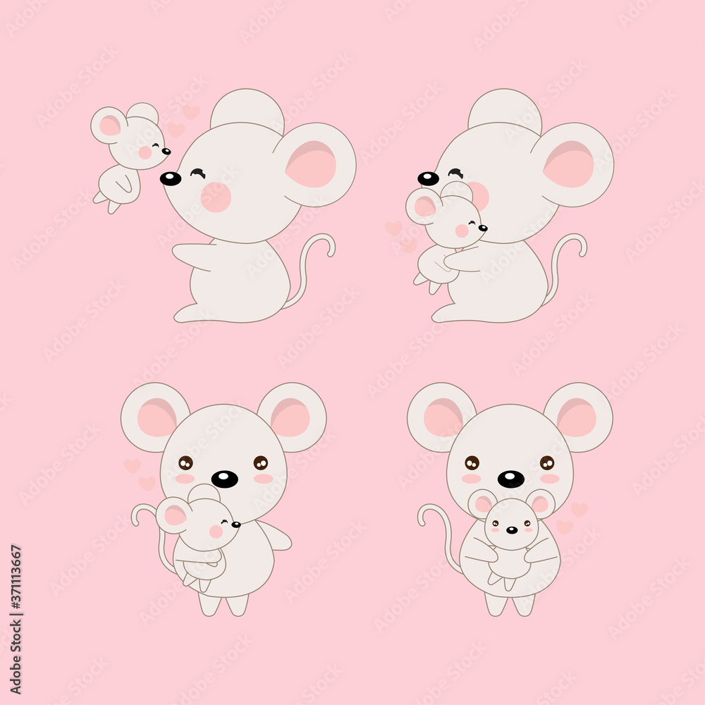Set of mouse and baby with heart. Cartoon style.