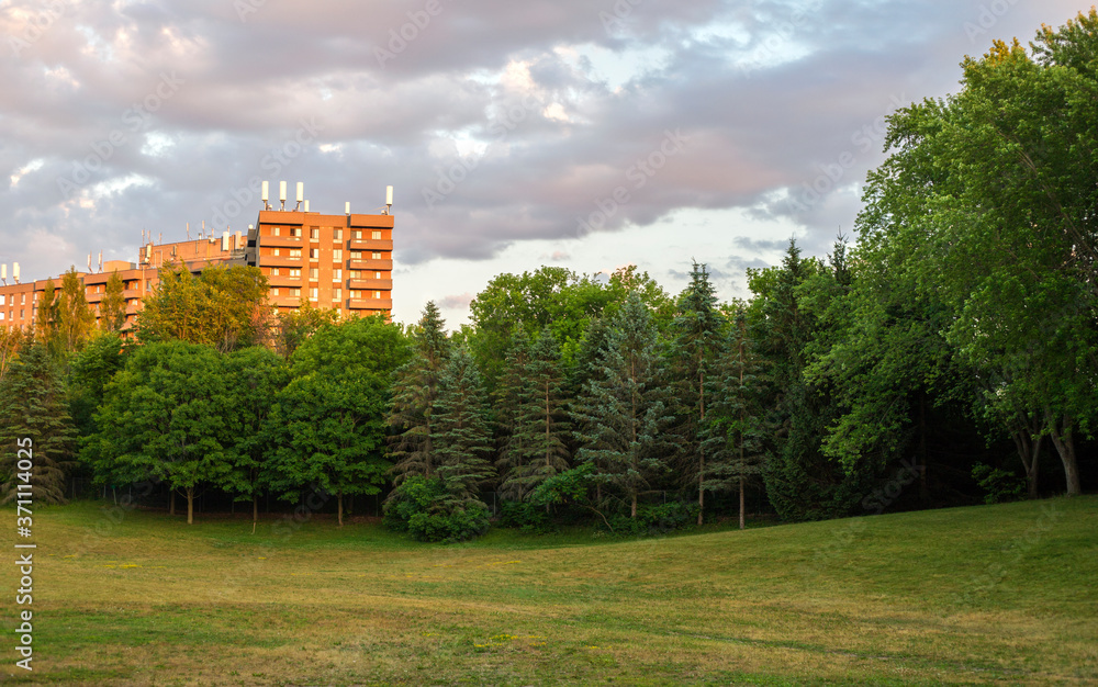 Evening in the park. Sunset in the city park with beautiful sky, green trees and orange apartment building in the background