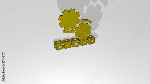 gears 3D icon object on text of cubic letters - 3D illustration for background and concept photo