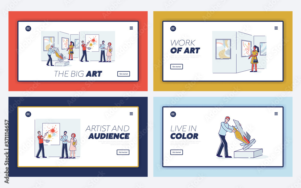 Landing pages for modern art gallery website. Backgrounds with cartoon visitor on exhibition