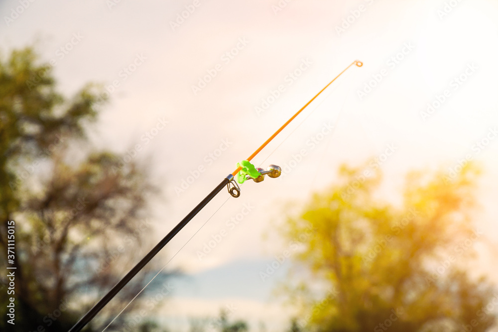 Fototapeta premium Biting alarm-a bell, on the tip of the feeder rod. Bottom tackle