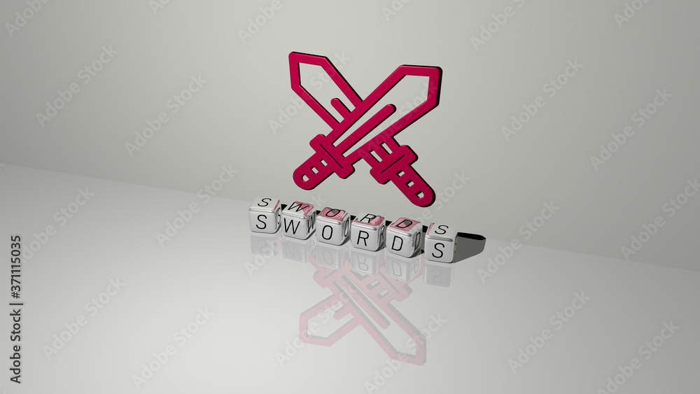 SWORDS text of cubic dice letters on the floor and 3D icon on the wall - 3D illustration for background and ancient SWORDS text of cubic dice letters on the floor and 3D icon on the wall - 3D illustration for background and ancient