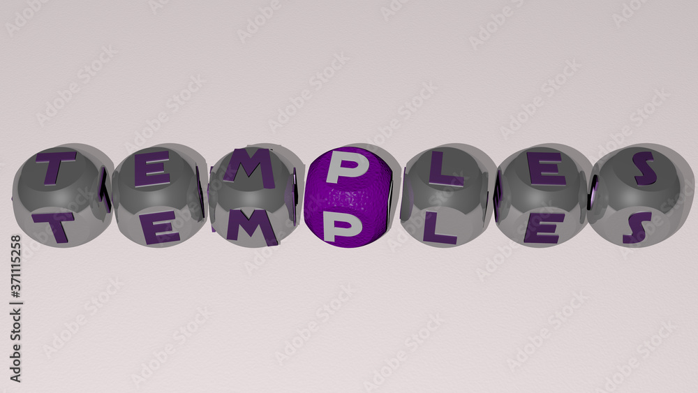TEMPLES text by cubic dice letters - 3D illustration for ancient and architecture TEMPLES text by cubic dice letters - 3D illustration for ancient and architecture
