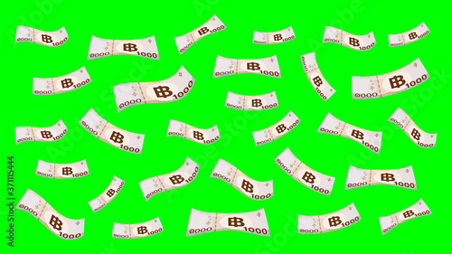 1000 baht thai money flying isolated on green screen background, banknote money falling over green, thai currency one thousand THB, many paper money, money bank note for chroma key screen background