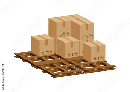 pile crate boxes 3d on wooden pallet, wood pallet with cardboard box in factory warehouse storage, cardboard parcel boxes stack of warehouse factory, packaging cargo, boxes brown isolated on white