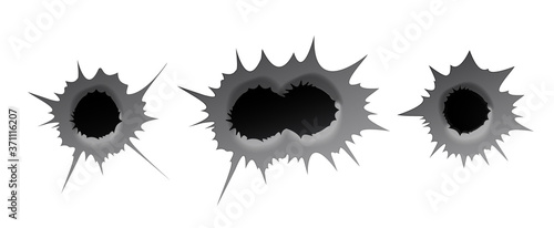 Bullet hole on white background. Realisic metal single and double bullet hole, damage effect. Vector illustration.