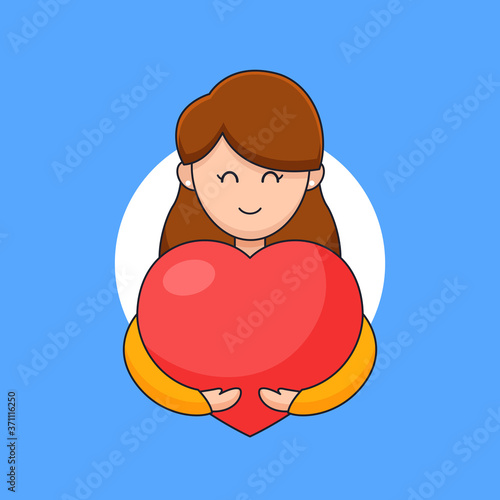 smiling young woman hugging heart warmly for express love affection and heart day celebration vector outline cartoon style illustration