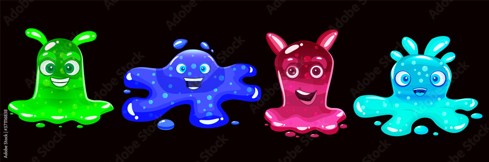 Fototapeta premium Set Slime jelli monsters characters, liquid green red cyan blue creatures