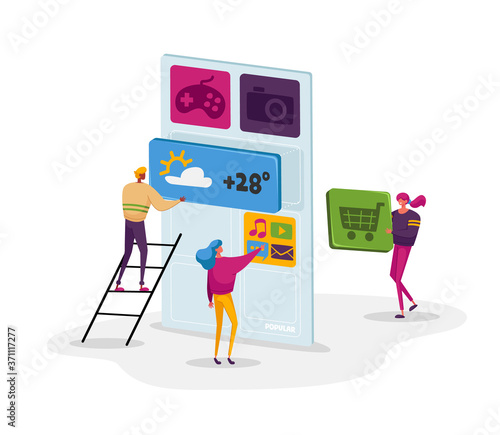 Tiny Characters at Huge Mobile Phone Develop Application. Ui Development Process. Software Api Prototyping and Testing