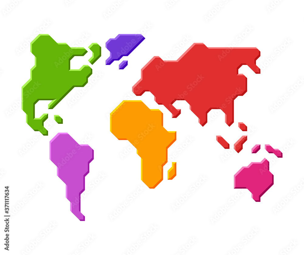Colored world map on an isolated white background. Cartoon continents in flat design. Vector stock illustration.