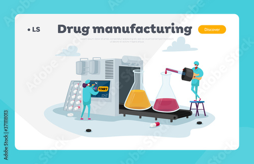 Medical Drugs Production Landing Page Template. Pharmaceutical Industry, Pharmacist Characters Drip Liquid in Beakers