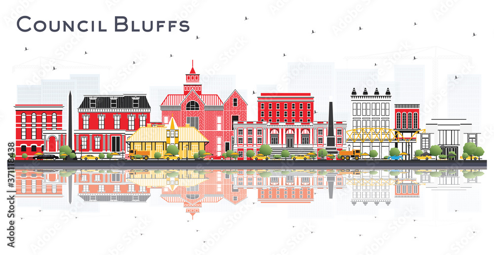 Council Bluffs Iowa Skyline with Color Buildings and Reflections Isolated on White Background.