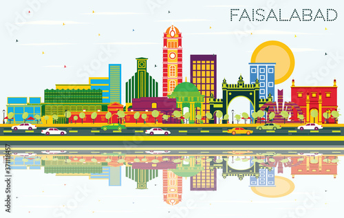 Faisalabad Pakistan City Skyline with Color Buildings  Blue Sky and Reflections.