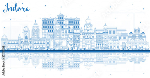 Outline Indore India City Skyline with Blue Buildings and Reflections. photo