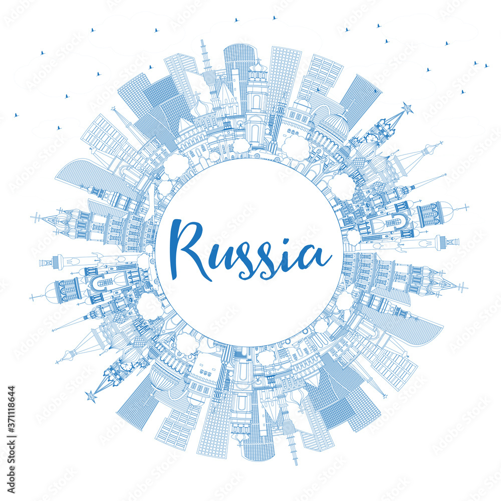 Obraz premium Outline Russia City Skyline with Blue Buildings and Copy Space.