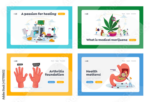 Pharmacy Producing, Marijuana Drugs, Arthritis and Gastritis Disease Landing Page Template Set. Doctors Produce Pills