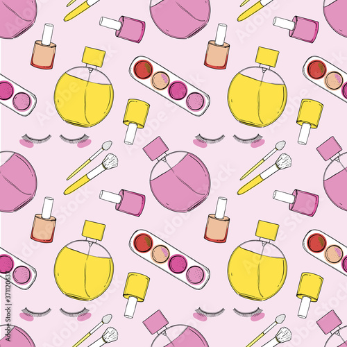 Seamless pattern beauty cosmetic makeup hand draw. Women and girl elegant design.