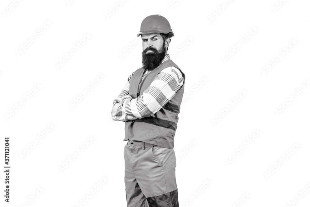 Man builders, industry. Architect builder. Builder in hard hat, foreman or repairman in the helmet. Bearded man worker with beard in building helmet or hard hat. Black and white Man builders, industry. Architect builder. Builder in hard hat, foreman or repairman in the helmet. Bearded man worker with beard in building helmet or hard hat. Black and white