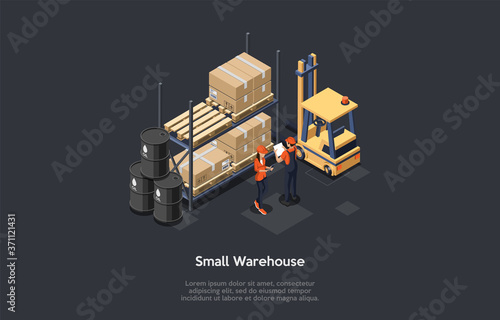 Manufacture And Storage Concept. Female And Male Characters In Uniform Working At The Small Warehouse. Barrels With Oil, Boxes On The Pallets And Forklift. Colorful 3d Isometric Vector Illustration