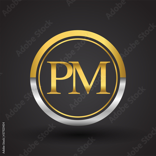 PM Letter logo in a circle, gold and silver colored. Vector design template elements for your business or company identity.