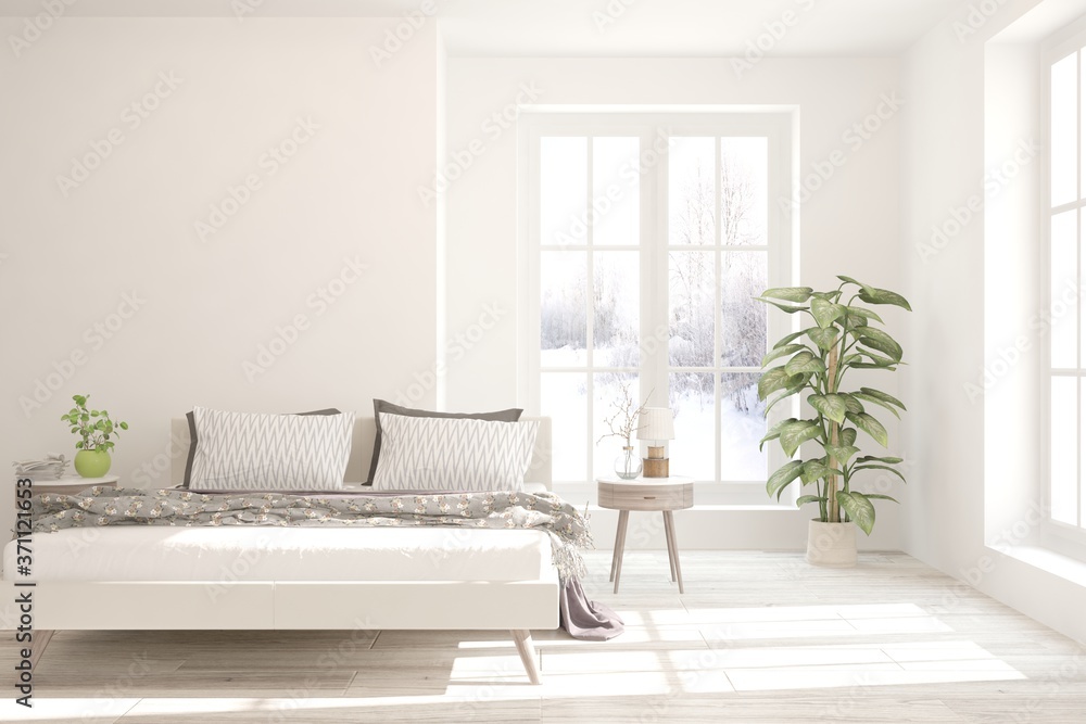 Fototapeta premium White stylish minimalist bedroom with winter landscape in window. Scandinavian interior design. 3D illustration