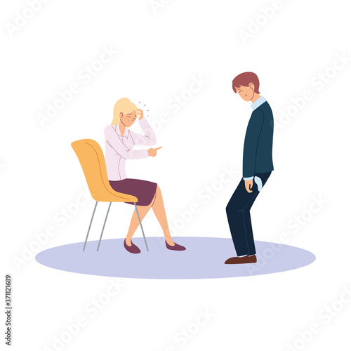 Businessman and businesswoman cartoons with headache on chair vector design