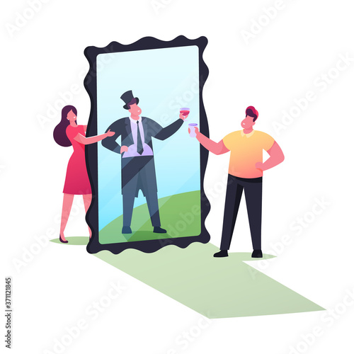 Woman Show to Man Big Mirror with Reflection of Successful Prosperous Businessman Wear Expensive Suit. Poor Man Dream