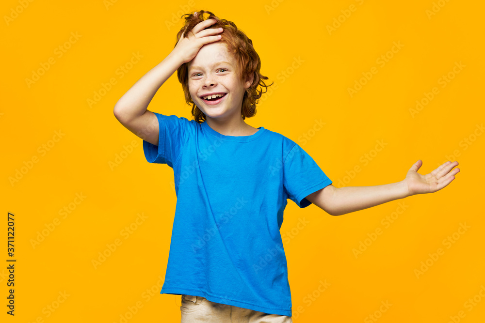 redhead boy freckles and happy face gesticulate with hands redhead boy freckles and happy face gesticulate with hands