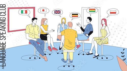 Language Speaking Club Concept Illustration, Flat Style. Linear Vector Composition Of People Communicating, Learning, Discussing. Male And Female Characters Sitting In Front Of Each Other In Class
