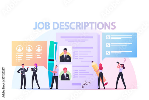 Work Descriptions Concept. Tiny Employer Characters Reading Personnel Resume, Applicants Searching Job Learning Offers