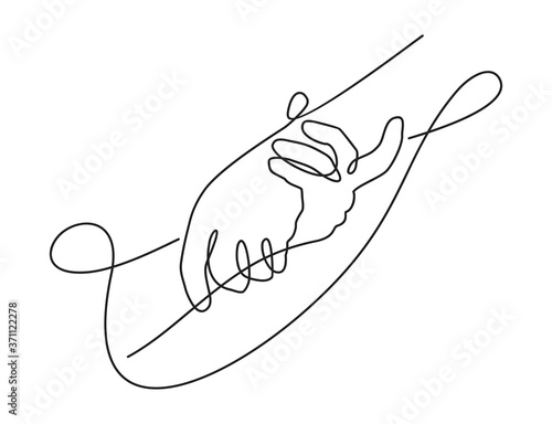 Helping hands in continious single line decoration - isolated vector help and hope illustration