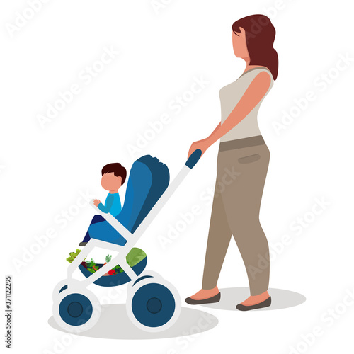 Mom is taking her son in a stroller. Child. Graphic vector drawing in cartoon style. Can be used for collages of childrens illustrations, web design.