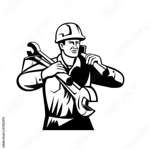 Wallpaper Mural Handyman or Builder Wearing Hard Hat Carrying Spanner and Spade Retro Black and White Torontodigital.ca