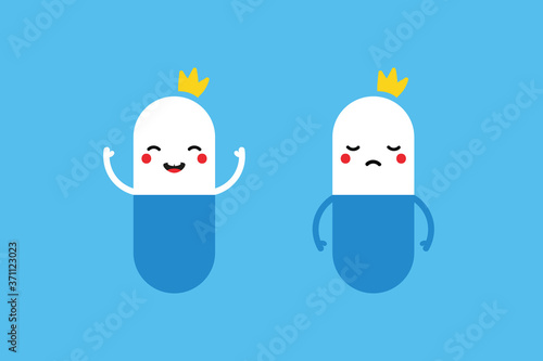 Couple of cute vector cartoon pill characters in crowns, one happy and smiling, another sad and feel down.

