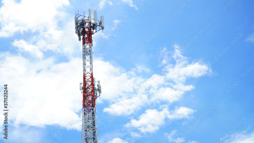 Telecommunication tower of 4G and 5G cellular,on blue sky Telecommunication tower of 4G and 5G cellular,on blue sky