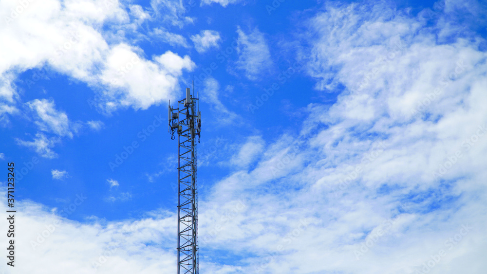 Telecommunication tower of 4G and 5G cellular,on blue sky Telecommunication tower of 4G and 5G cellular,on blue sky