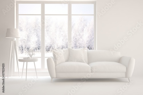 White stylish minimalist room in grey color with sofa and winter landscape in window. Scandinavian interior design. 3D illustration