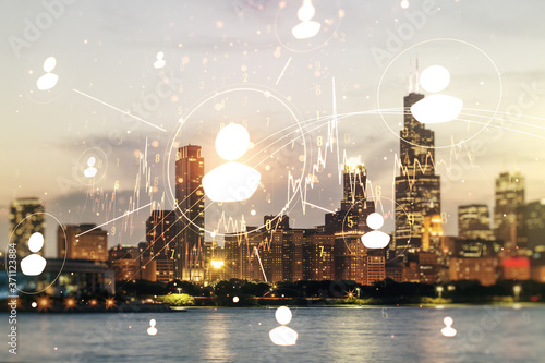 Abstract virtual social network concept on Chicago skyline background. Multiexposure